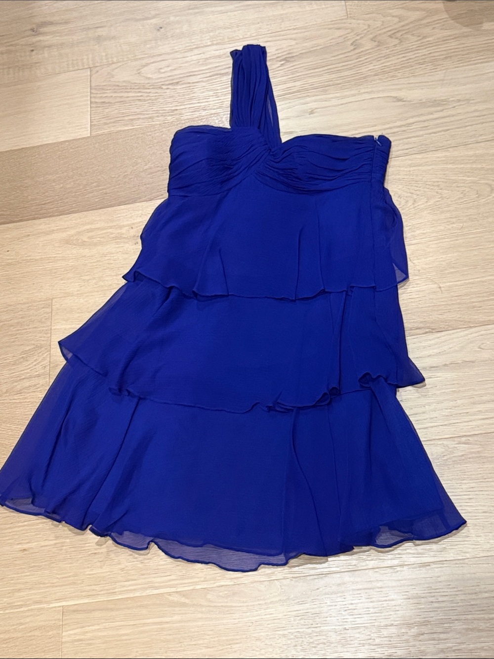 Donna Morgan One-Shoulder Tiered Chiffon Dress in Cobalt/Purple
